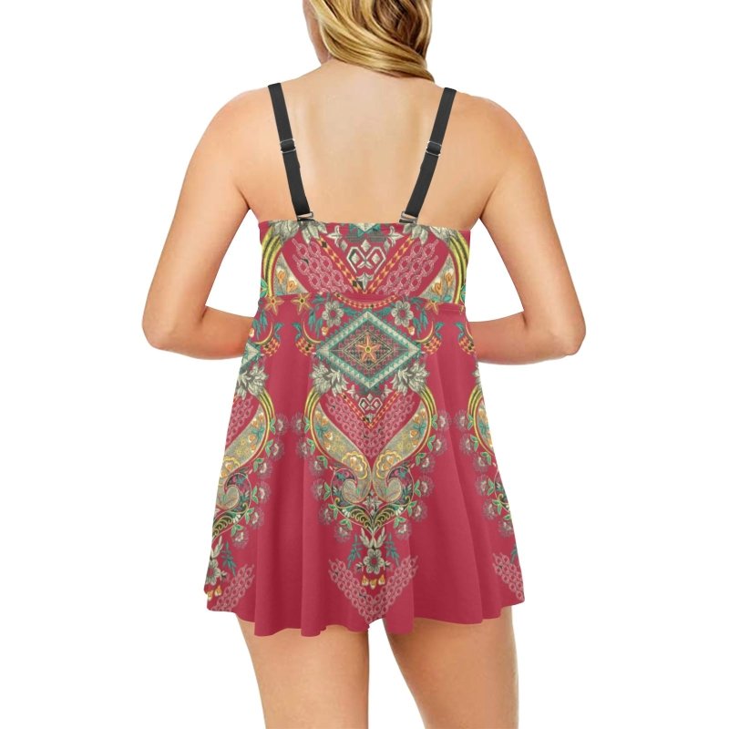 Chest Sexy Pleated Two Piece Swim Dress (ModelS31) - Indian ornament