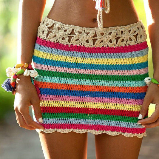Colorful Hand Crocheting Beach Skirt Sexy Women Summer Vacation Sun Protection Hip Skirt