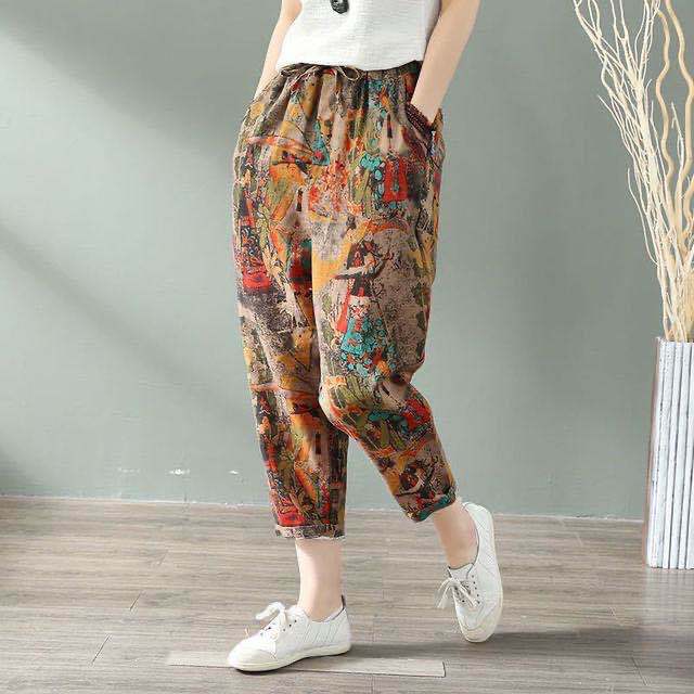 Cotton Linen Harem Women Pants Summer Fashion Graffi Printed Casual High Waist Calf-Length Loose Trousers Female Streetwear