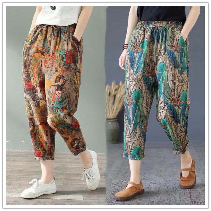 Cotton Linen Harem Women Pants Summer Fashion Graffi Printed Casual High Waist Calf-Length Loose Trousers Female Streetwear