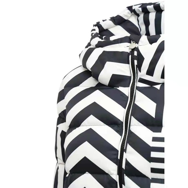 Down Jacket Winter Black And White Stripes Coat Hooded Fashion Design Down Jackets Parka Women&#39;s Short Jackets