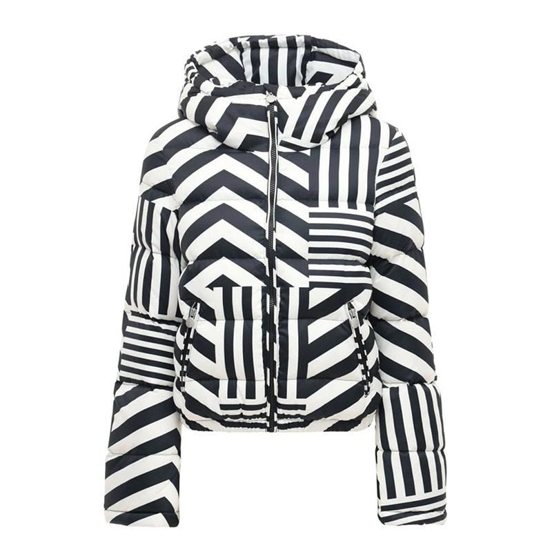 Down Jacket Winter Black And White Stripes Coat Hooded Fashion Design Down Jackets Parka Women&#39;s Short Jackets