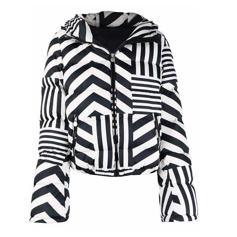Down Jacket Winter Black And White Stripes Coat Hooded Fashion Design Down Jackets Parka Women's Short Jackets