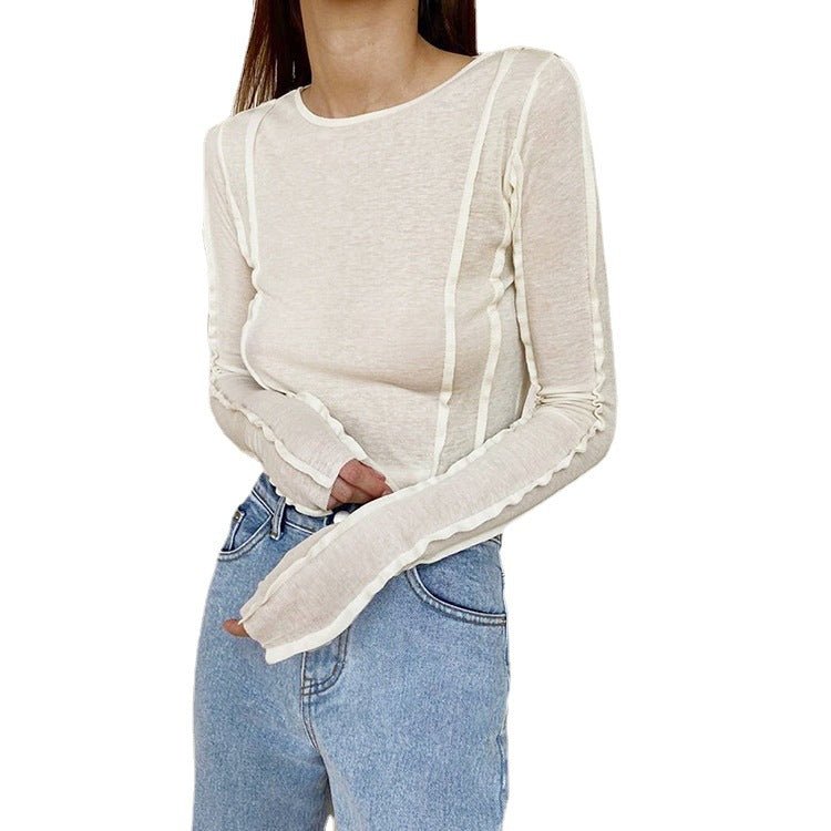Early Autumn Long-Sleeved T-shirt Solid Color round Neck Slim Thin Temperamental Minority Stitching Women Clothing