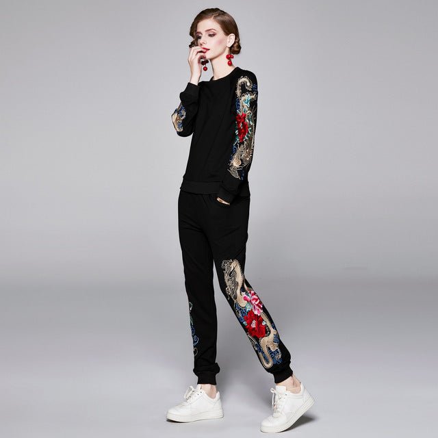 Embroidery Sports Suit Female Casual Sweater Two-piece Trousers