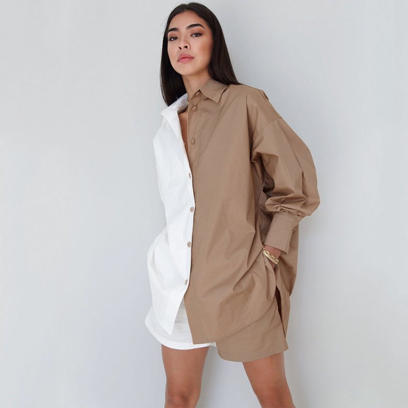 European And American Style Contrast Color Long Sleeved Shirt Shorts Two Piece Cotton Linen Casual Fashion Suit