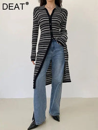 Fashion slimming single - breasted long - sleeved striped knee - length knitted dress - Premium Dress for sale