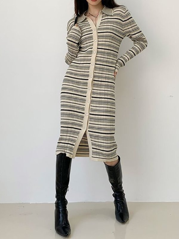 Fashion Women's Dress Lapel Slim Fit Single Brested Long Sleeve Striped Knee-length Knitted Dresses Autumn New
