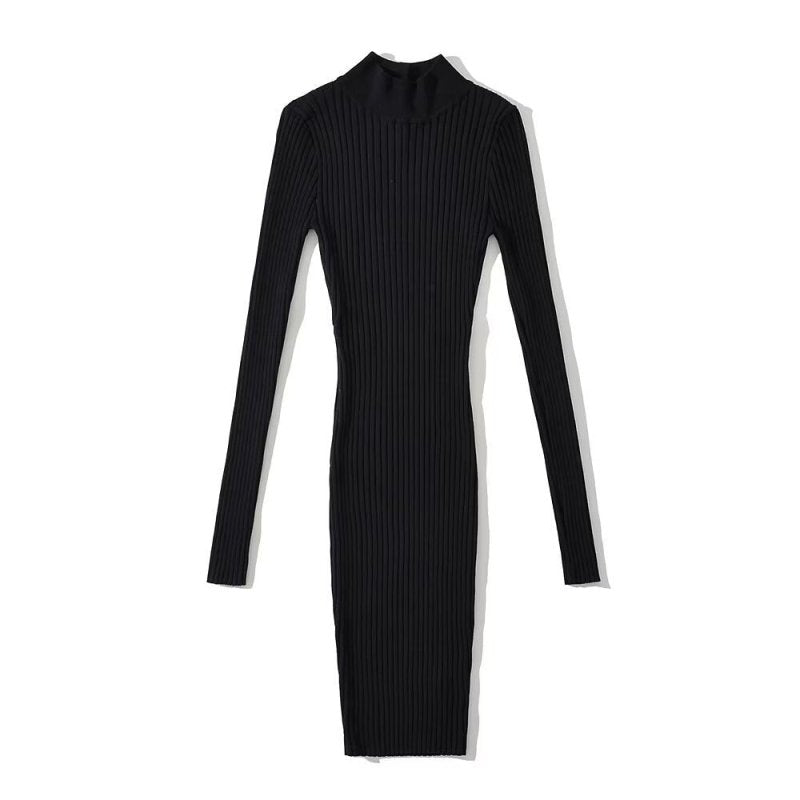 Fashion Women's Dress Stand Collar Slim Back Button Backless Long Sleeve Mini Knitted Dresses Autumn New