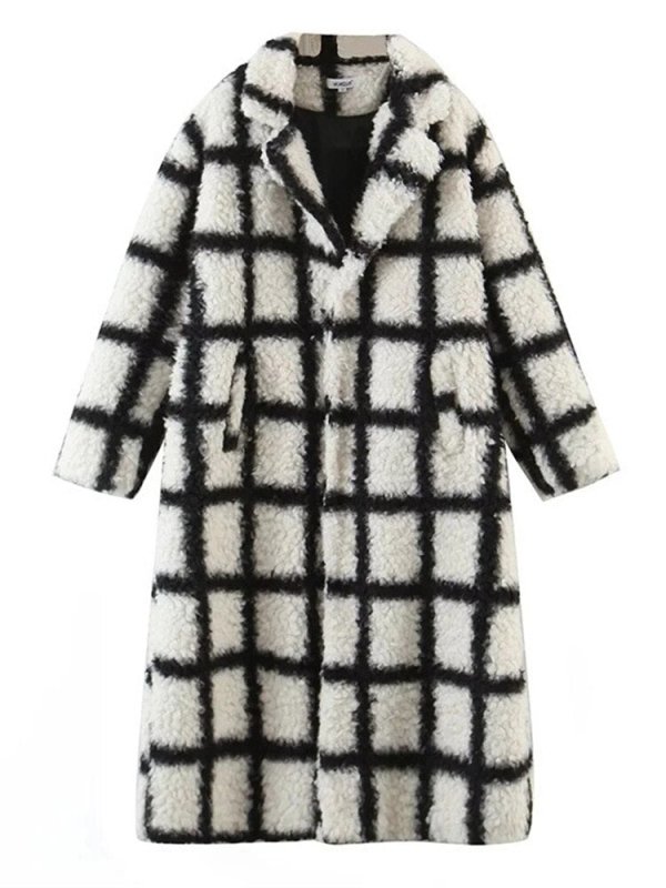 Fashion Women's Lamb Wool Black And White Large Plaid Coveres Button Long Sleeves Straight Overcoat Winter