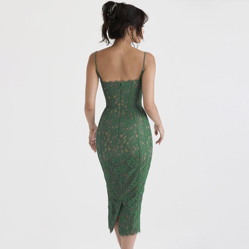 Fashionable Women&#39;s Lace Suspender Dress Temperament Split Mid Length Skirt Slim Backless Dress