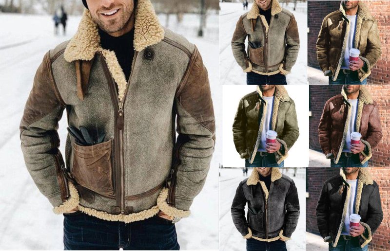 Faux Leather Men&#39;s Jacket Winter Warm Jacket Thicken Large Lapel Contrast Color Jacket