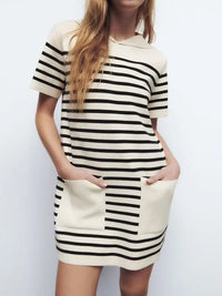 Female Striped Knitting Mini Dresses Spring Autumn Elegant Sailor Collar Dress Short Sleeve - Premium Dresses for sale