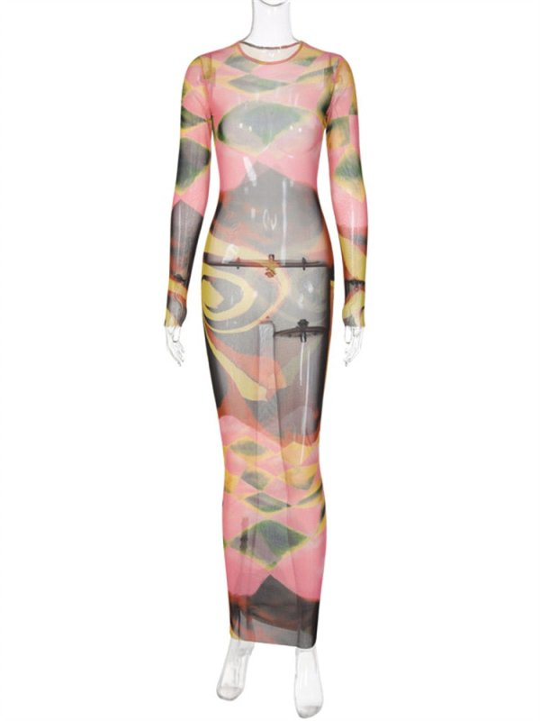 FQLWL Summer Colours Print Slim Long Dresses Club Outfit For Women 2023 O Neck Long Sleeve Bodycon Maxi Dresses Elegant Dress