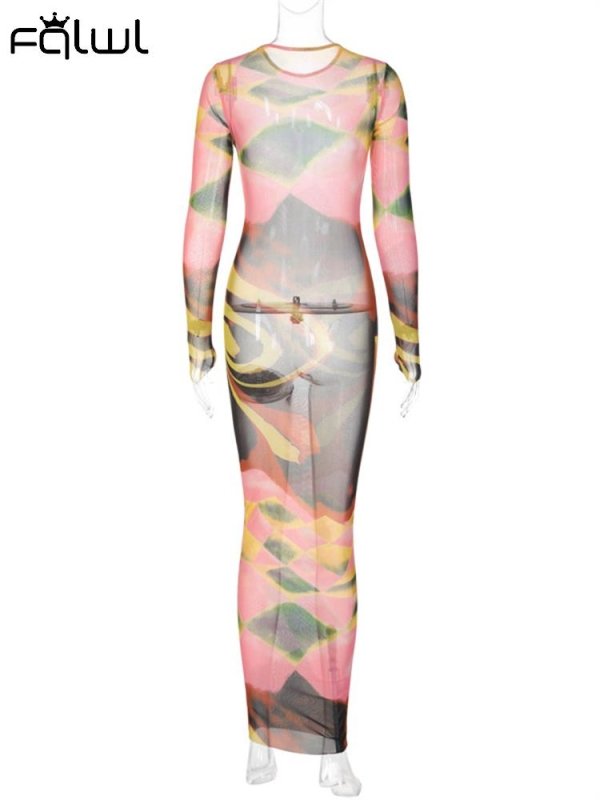 FQLWL Summer Colours Print Slim Long Dresses Club Outfit For Women 2023 O Neck Long Sleeve Bodycon Maxi Dresses Elegant Dress