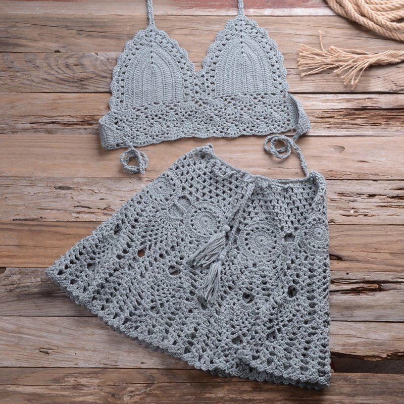 Hand Crocheting Bikini Wrapped Chest with Sexy All-Matching Hollow Out Cutout Pleated Skirt Split Swimsuit