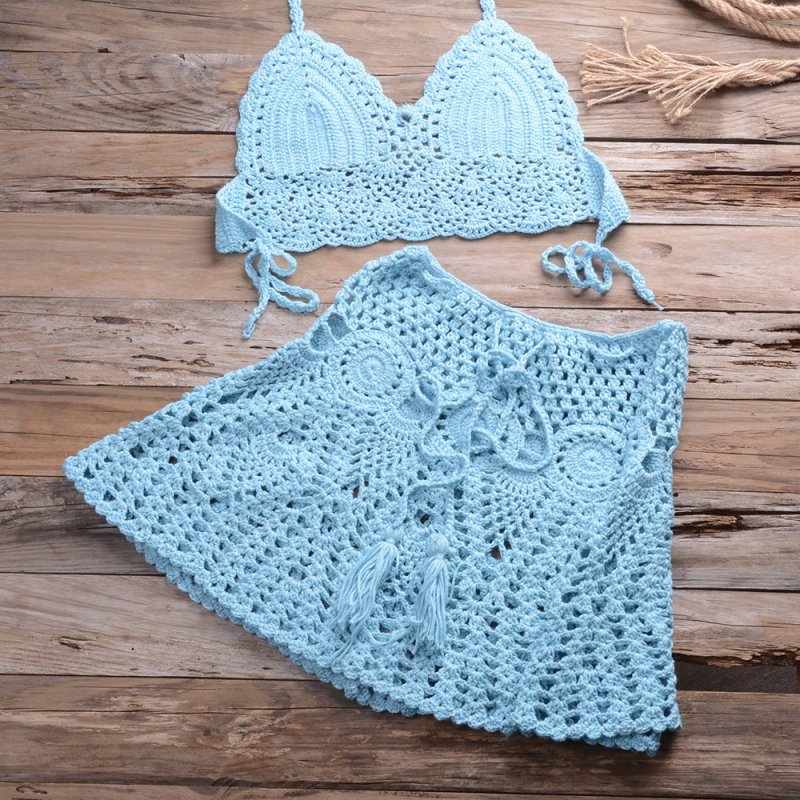 Hand Crocheting Bikini Wrapped Chest with Sexy All-Matching Hollow Out Cutout Pleated Skirt Split Swimsuit