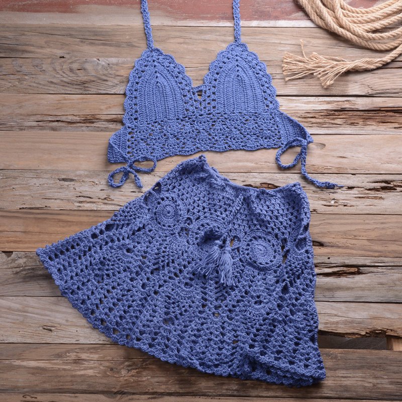 Hand Crocheting Bikini Wrapped Chest with Sexy All-Matching Hollow Out Cutout Pleated Skirt Split Swimsuit