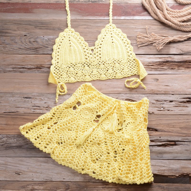 Hand Crocheting Bikini Wrapped Chest with Sexy All-Matching Hollow Out Cutout Pleated Skirt Split Swimsuit