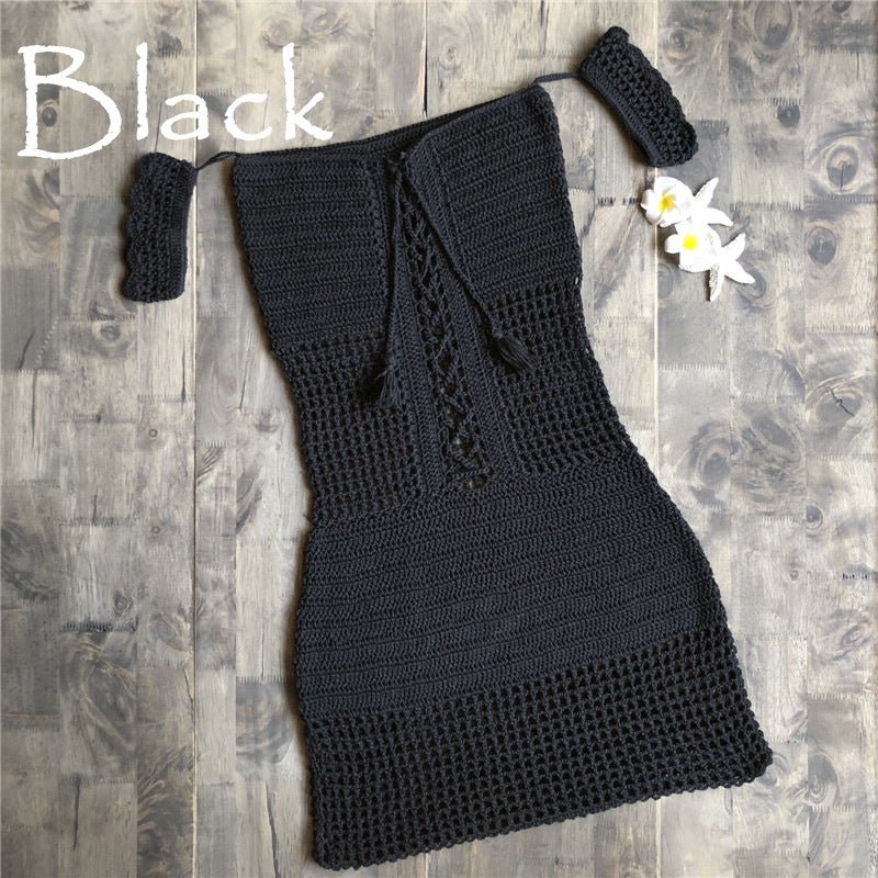 Hand Crocheting off-Shoulder Slim Dress Sexy Hollow Out Cutout Knitted Beach Cover-up Swimsuit