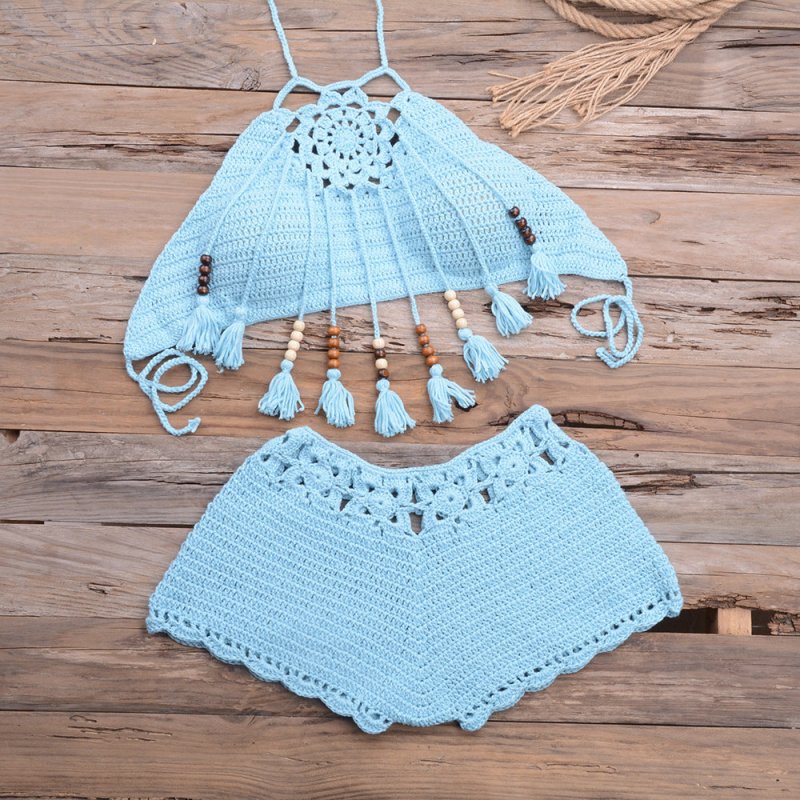 Hand-Wrapped Chest Bohemian Tassel Hollow Out Cutout Bikini Matching Hollow Out Cutout Stretch Shorts