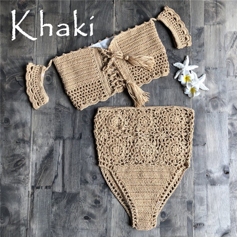 Handmade Crochet Hollow Out Cutout out Strap Bikini Beach Women Swimsuit Set