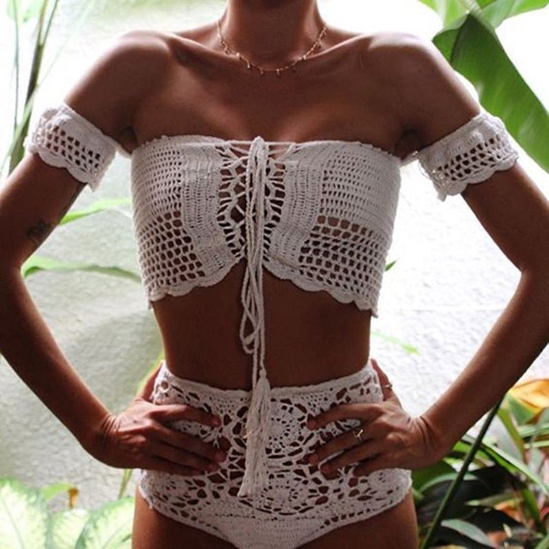 Handmade Crochet Hollow Out Cutout out Strap Bikini Beach Women Swimsuit Set