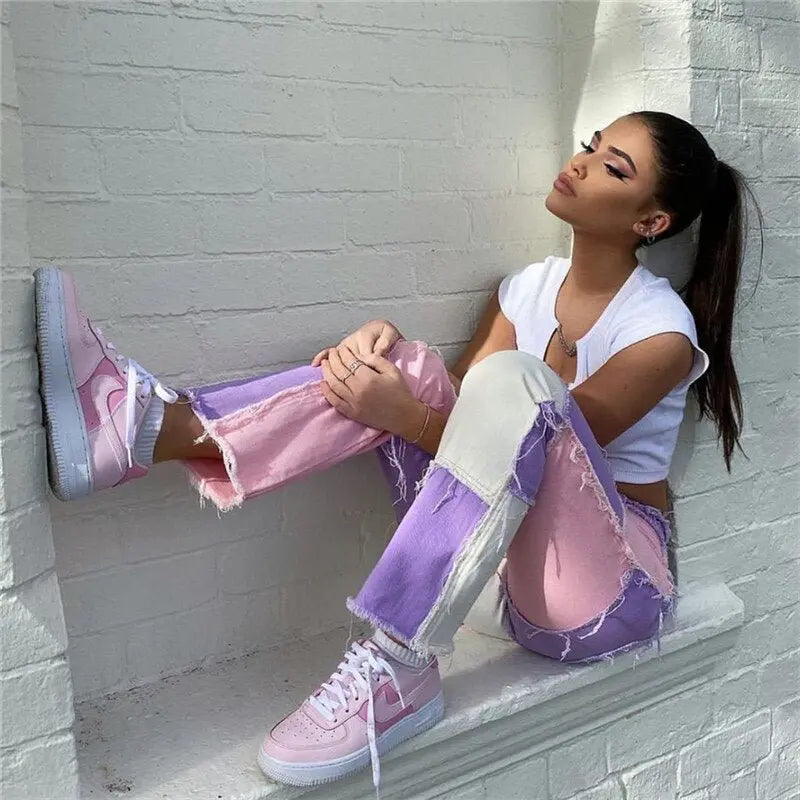 Heritage Thrift Patchwork Contast Color Hip Hop Trousers Women High Waist Street Wear Tassel Jeans Casual Denim Pants