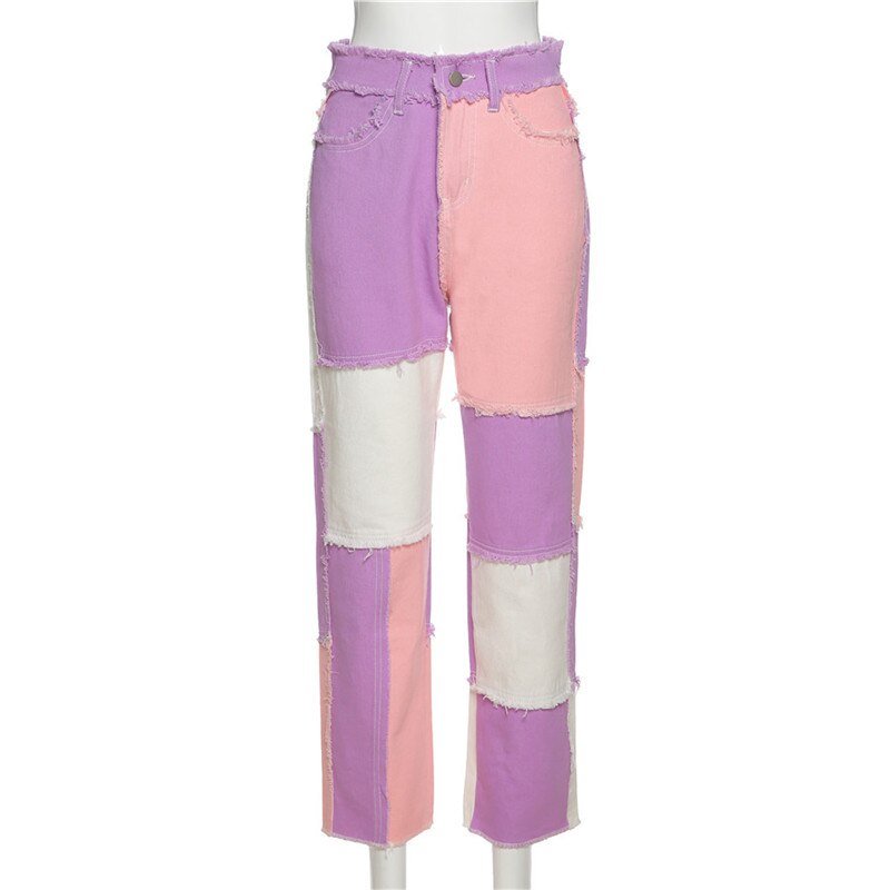 Heritage Thrift Patchwork Contast Color Hip Hop Trousers Women High Waist Street Wear Tassel Jeans Casual Denim Pants