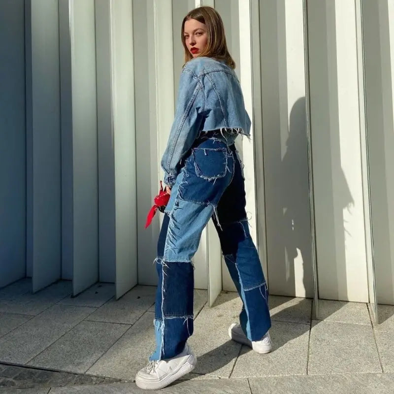 Heritage Thrift Patchwork Contast Color Hip Hop Trousers Women High Waist Street Wear Tassel Jeans Casual Denim Pants
