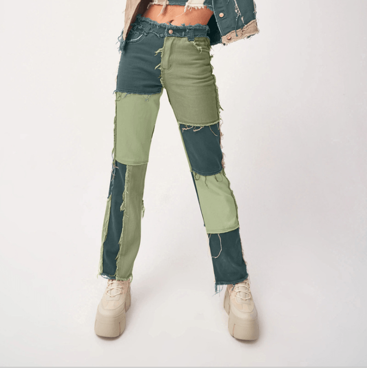 Heritage Thrift Patchwork Contast Color Hip Hop Trousers Women High Waist Street Wear Tassel Jeans Casual Denim Pants