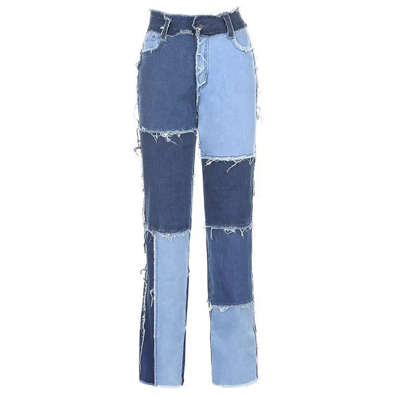 Heritage Thrift Patchwork Contast Color Hip Hop Trousers Women High Waist Street Wear Tassel Jeans Casual Denim Pants