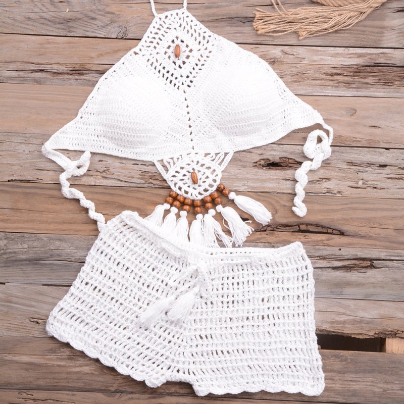Hollow Out Cutout Beach Handmade Crochet Dangling Beads Split Bikini Swimsuit Set