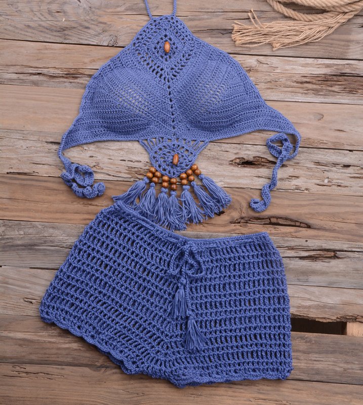 Hollow Out Cutout Beach Handmade Crochet Dangling Beads Split Bikini Swimsuit Set