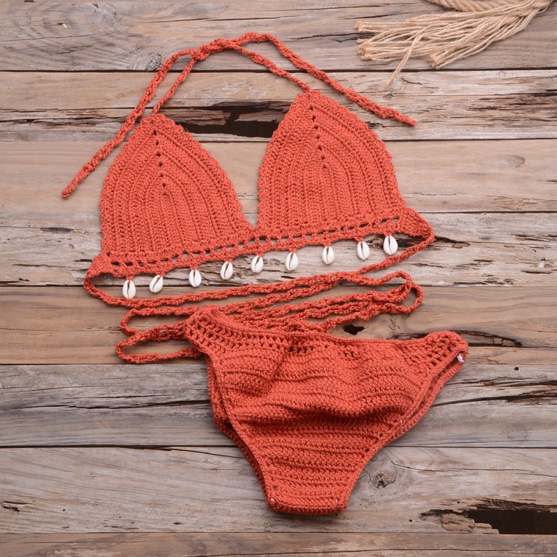 Hollow Out Cutout Shell Top with Hand-Woven Bikini Outdoor Briefs for Women