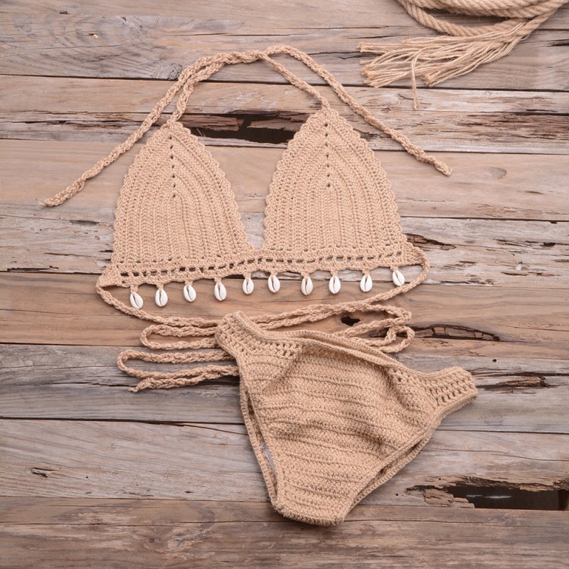 Hollow Out Cutout Shell Top with Hand-Woven Bikini Outdoor Briefs for Women