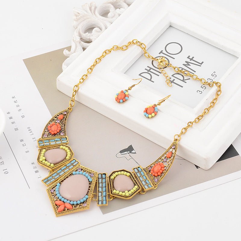 Hollow Out Geometric Color Resin Inlaid Diamond Collarbone Chain Necklace Earring Set