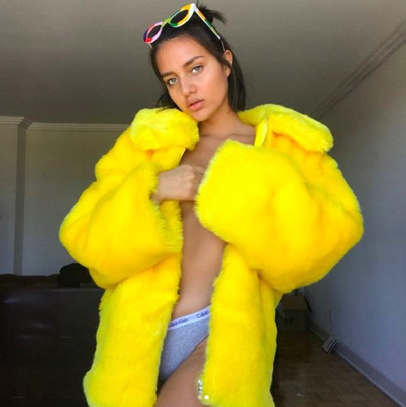 I AM Gia Faux Fur Coats Women Thick Brand Steetwear Hip Hop Female Yellow Fur Coats And Jackets Winter Warm Fur Coats