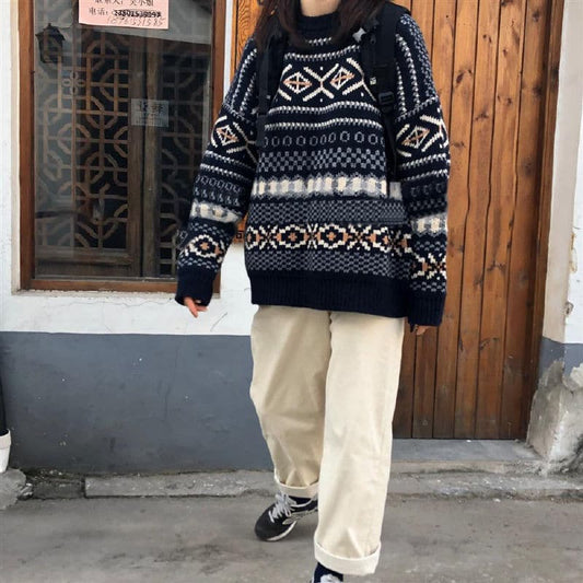 Indie Retro Knitted Jacquard Pullover Sweater