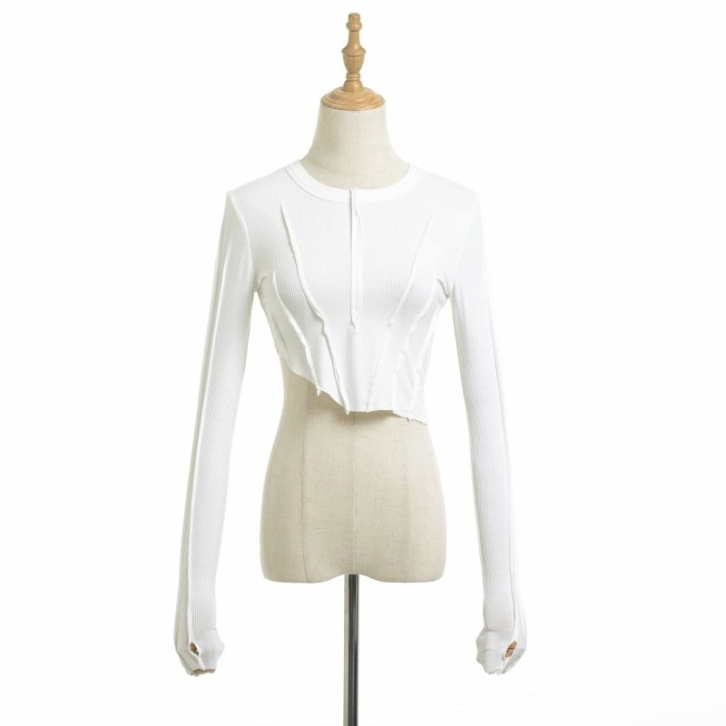 Irregular Asymmetric Hem Frayed Long-Sleeved T-shirt for Women Spring Slim Elastic Cropped Top