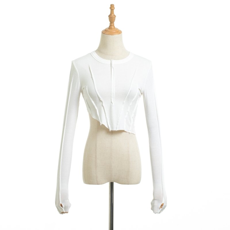 Irregular Asymmetric Hem Frayed Long-Sleeved T-shirt for Women Spring Slim Elastic Cropped Top