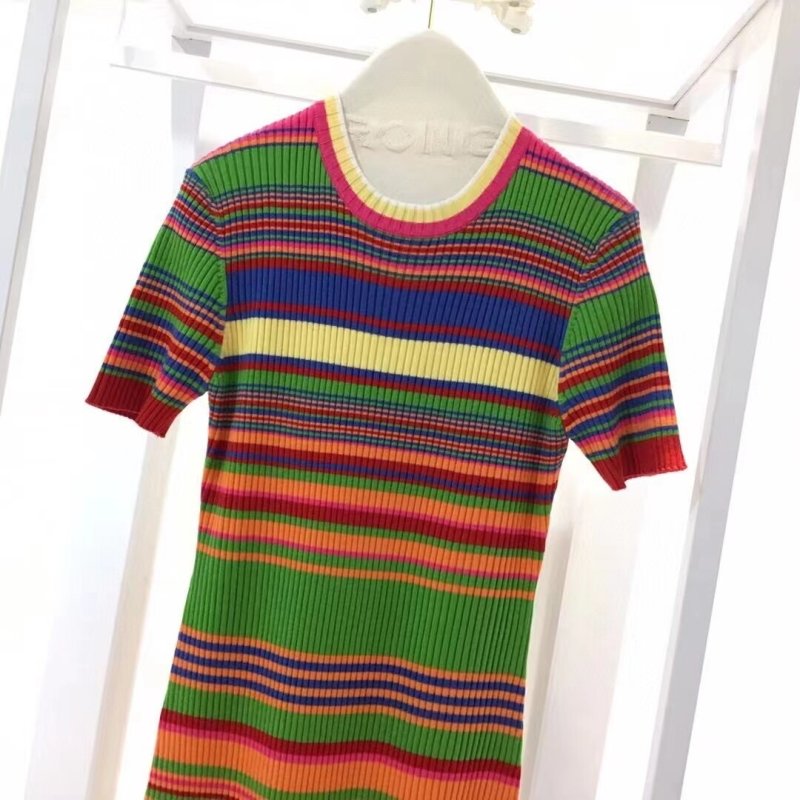 Knitted Dresses For Women O-Neck Short Sleeve Rainbow Striped Summer Clothes Traf Midi Chic Vintage Casual Bodycon Dress