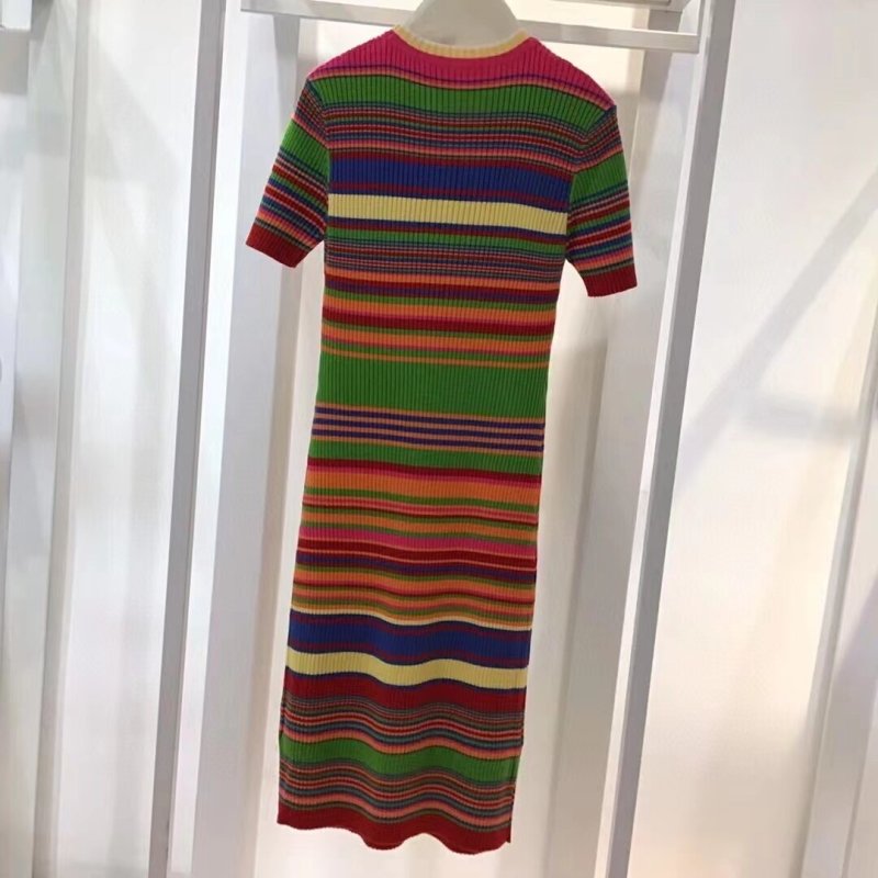 Knitted Dresses For Women O-Neck Short Sleeve Rainbow Striped Summer Clothes Traf Midi Chic Vintage Casual Bodycon Dress