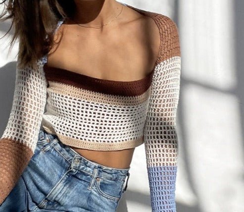 Knitted Long Sleeve Crop Top Women Beach Autumn Summer Patchwork Vintage Green Casual T Shirts Sexy Fashion