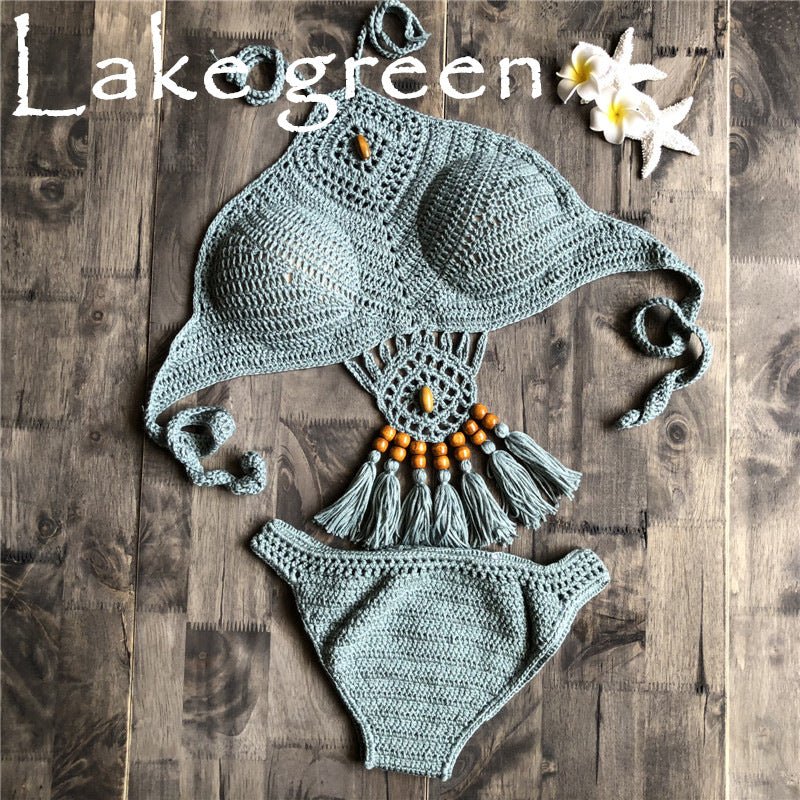 Laceup Hollow Out Cutout Bikini Women Handmade Knitted Split Swimsuit Swimwear