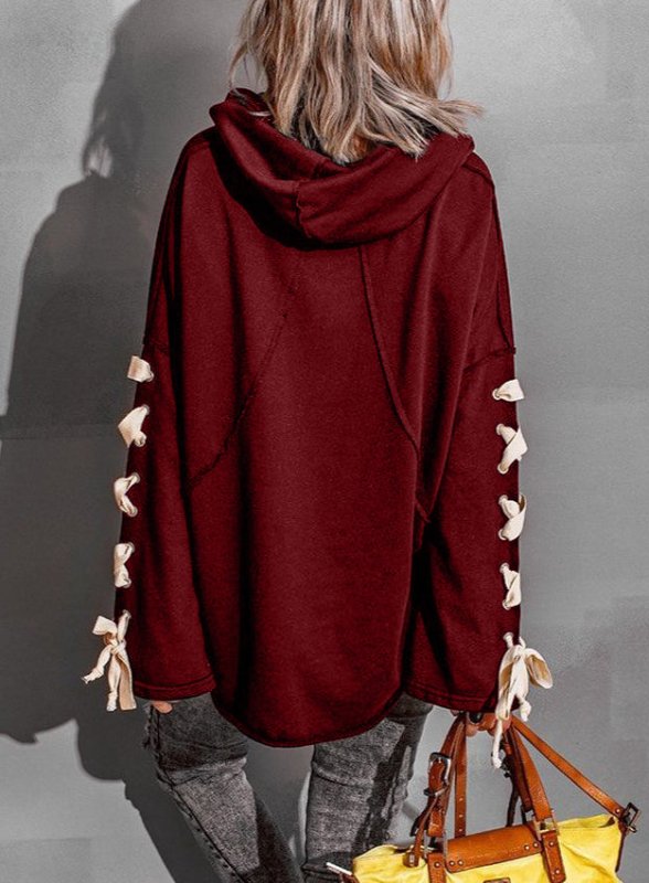 Ladies Autumn Winter Cotton Special Interest Design Lace Up Oversized Hooded Pile Collar Frayed Sweater