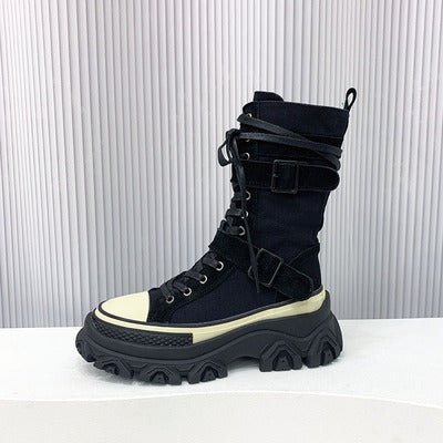 Long Boots Female Spring And Autumn Washed Denim Spelling Leather Work Boots Thick Bottom Biker Boots