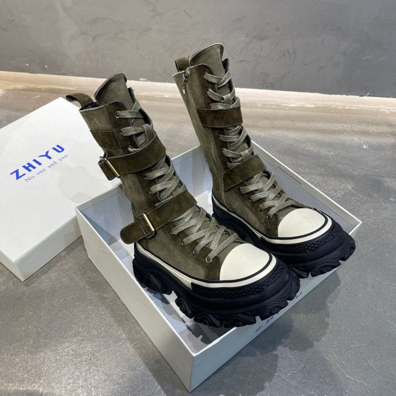 Long Boots Female Spring And Autumn Washed Denim Spelling Leather Work Boots Thick Bottom Biker Boots