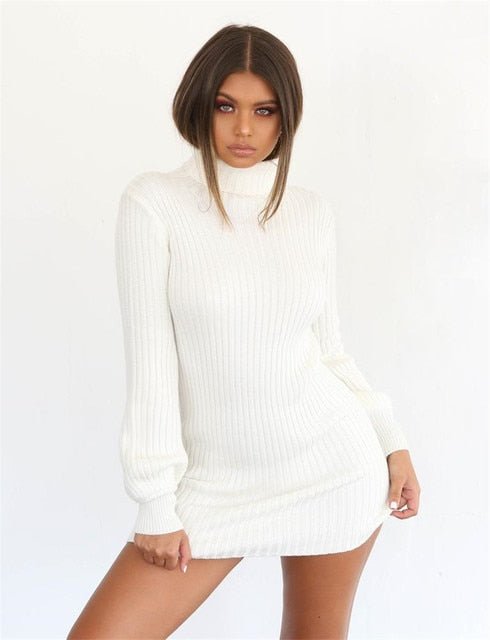 Long Sleeve Dress Solid Pullover Turtleneck Bodycon Dress