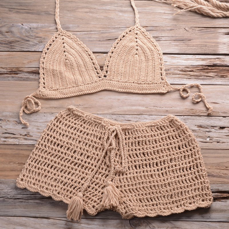 Matching Women Solid Color Sexy Hollow Out Cutout Top Hand-Woven Beach Boyshorts